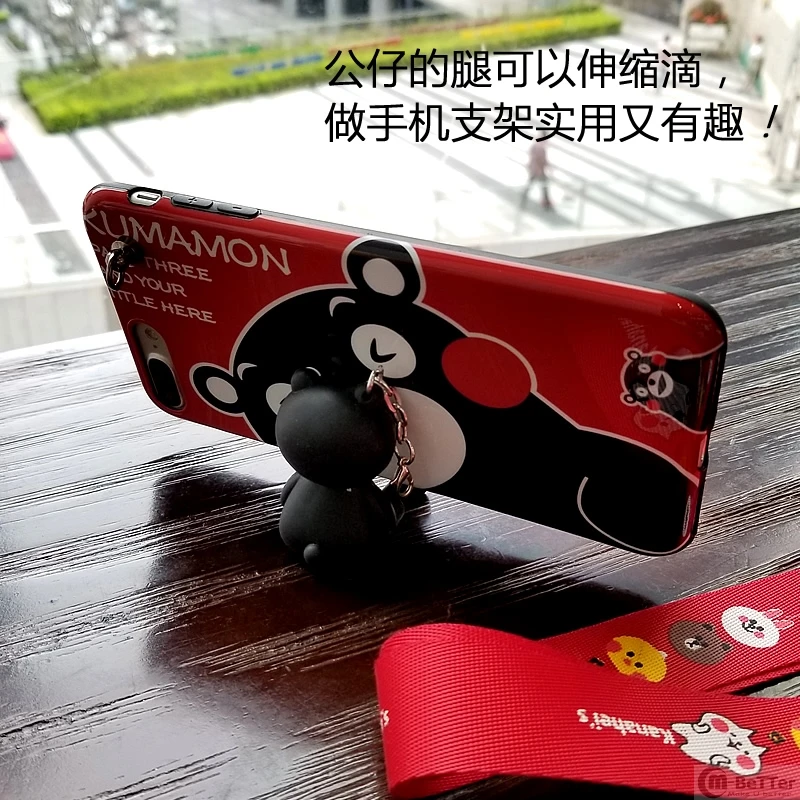 For iPhone X cartoon case Kumamon bear silicone back cover for 7/8 plus shell 6 6s plus+ cute toy holder + strap |