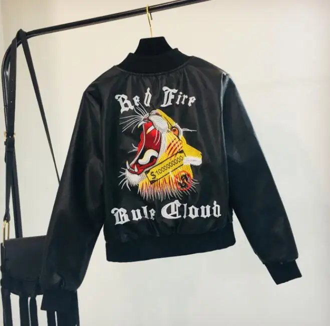 Куртка женская кожаная с вышивкой тигра на весну и осень|Кожаные куртки| |