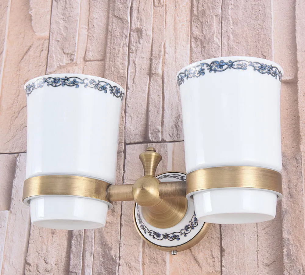 

Wall Mounted Vintage Retro Antique Brass Bathroom Toothbrush Holder Set Bathroom Accessory Dual Ceramic Cup mba782