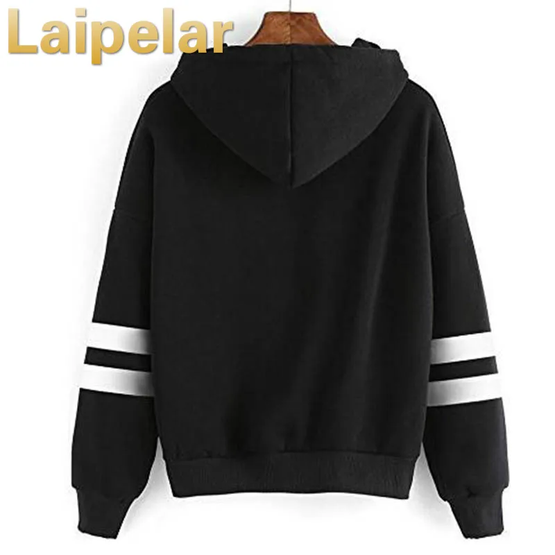 

Laipelar Fashion Autumn Winter Women Sweatshirt With Hat Drawstring Long Sleeve Striped Splicing Hoodies Ladies Girls Pullover