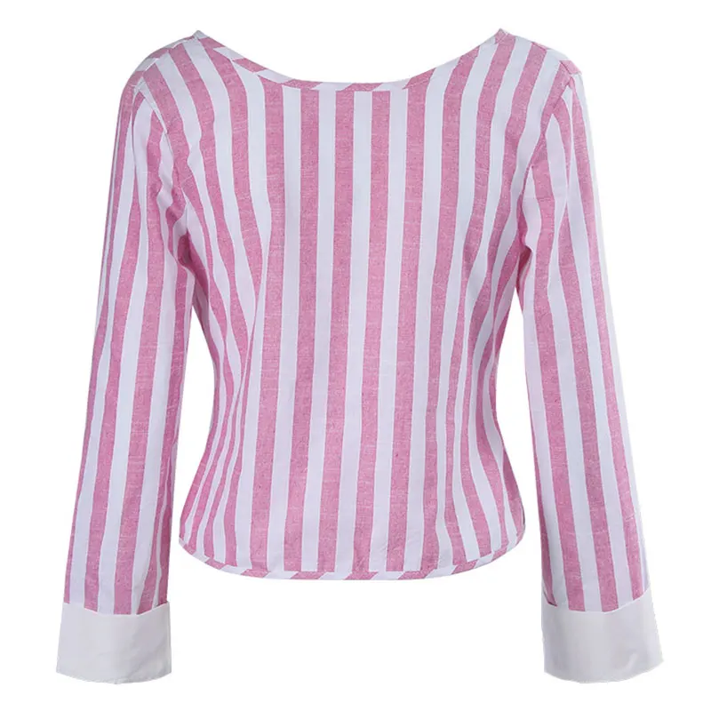Женская блузка в полоску с бантом длинным рукавом и круглым вырезом | одежда