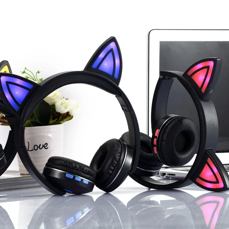 Cue Cat светодиодный складной Bluetooth наушники Беспроводная гарнитура повязка на голову стерео наушники с микрофоном для мобильного телефона ПК подарок для девочек Дети