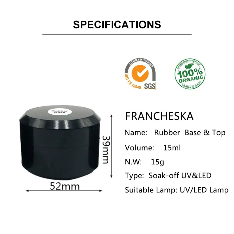 Francheska, 15 мл, верхнее Базовое покрытие, Гель-лак для ногтей, грунтовка для ногтей, основа для ногтей, топ, длительное впитывание, Базовое покрытие, не протирается, верхний цветной гель