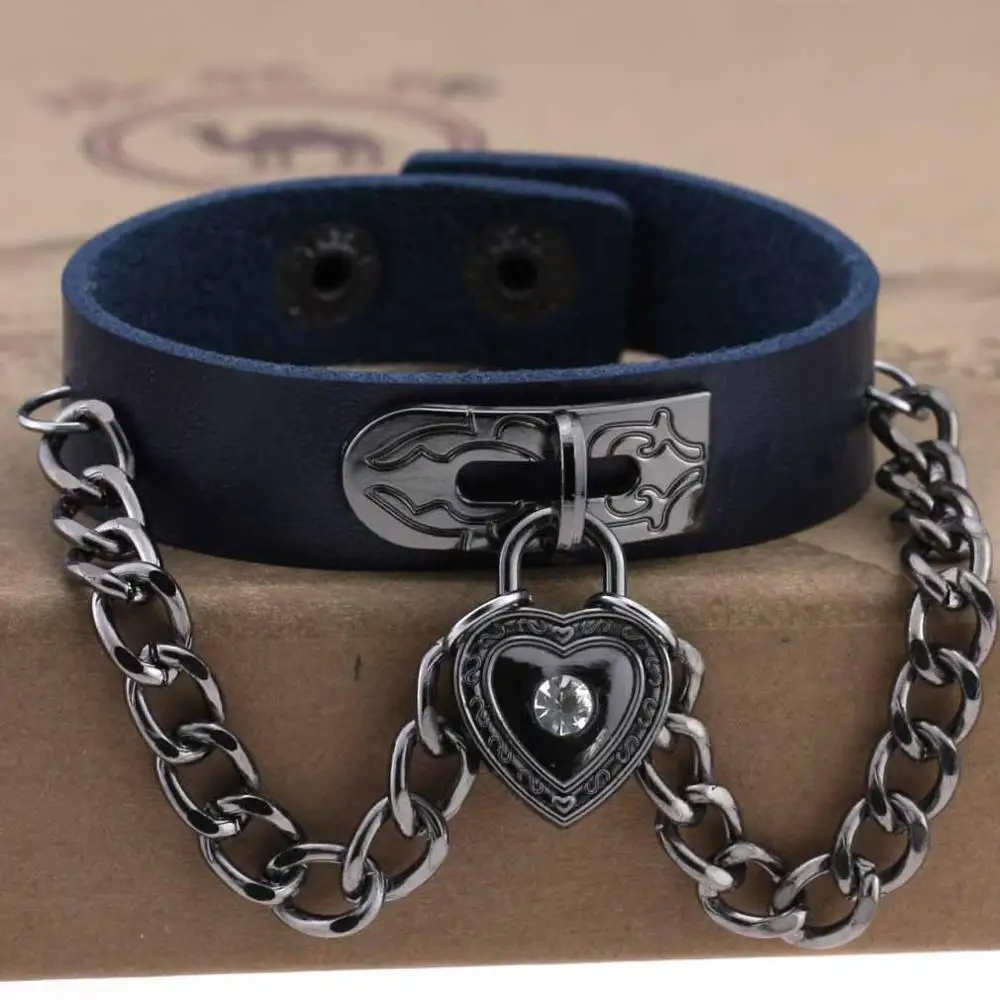 Dark Blue Панк готика Стразы Сердце шипы цепи кожаные манжетные браслеты Pulseira Masculina ювелирные изделия Шарм Bileklik Pulseiras - Окраска металла: Dark Blue