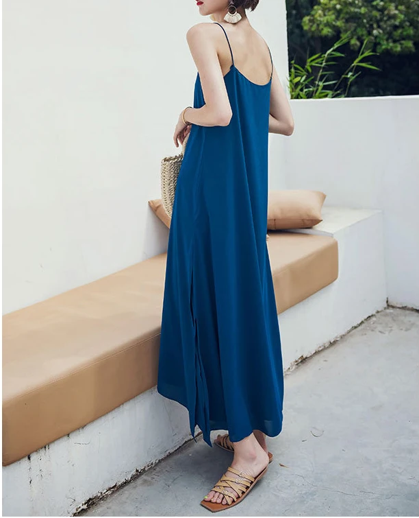 

Spring and summer new style Seaside holiday dress Solid color split strap dress Open back beach dress
