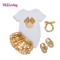 infant brand baby clothing sets cotton baby girl short sleeve 4pcs bodysuitgold ruffles bloomersheadbandshoes newborn