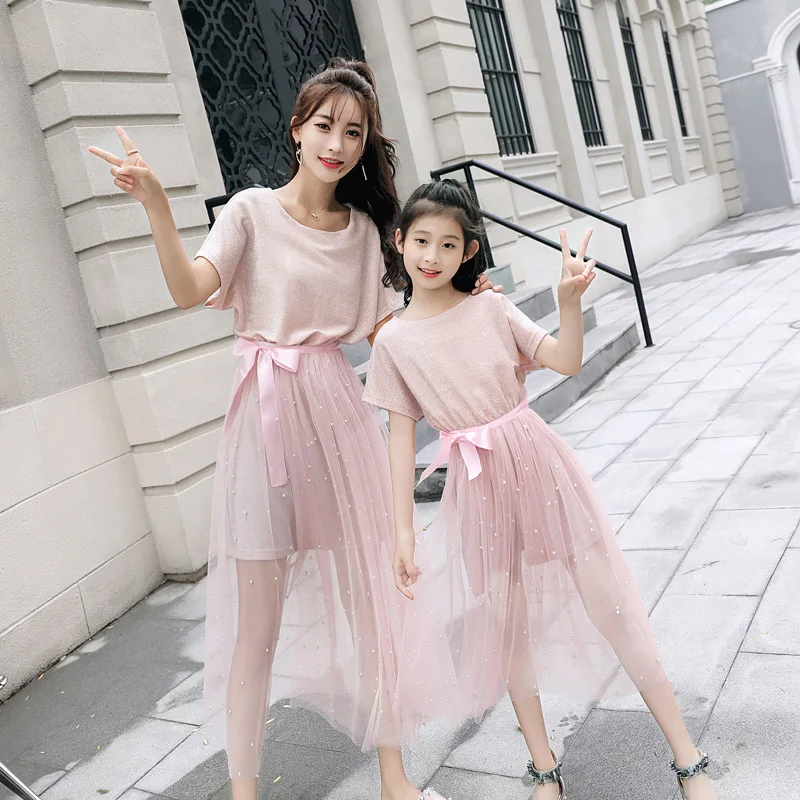 

Mother Daughter Dresses Pajamas Mesh Style Bowtie Family Look Mommy and Me Clothes Mama Bebes Matching Clothes Family Outfits