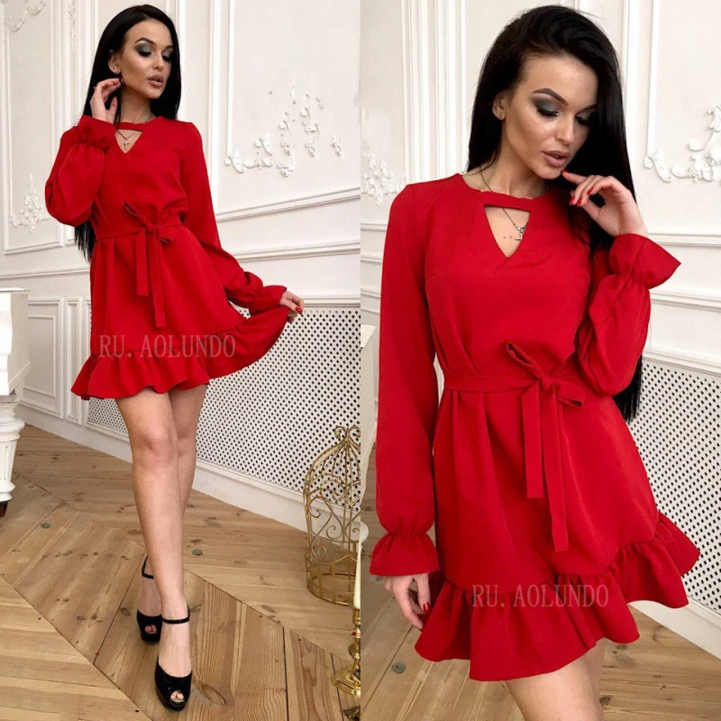 2018 Choker V-Neck Long Sleeve Autumn Dress Woman Solid Ruffles Sashes Straight Casual Flare Mini Dresses | Женская одежда