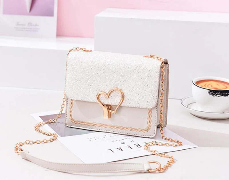 Yogodlns женская мягкая пу белая блестящая Love shape Lock сумка на плечо Новая модная однотонная сумка на цепочке для девочек