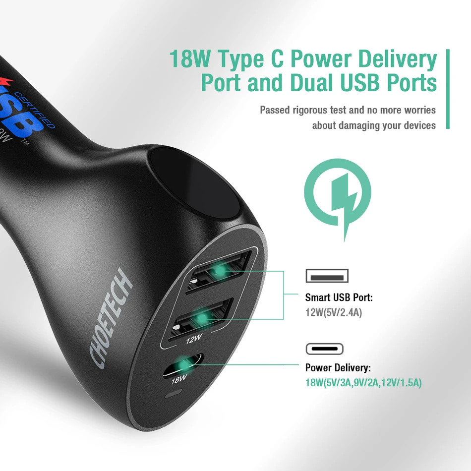 CHOETECH 30 Вт USB C автомобильное зарядное устройство с доставкой питания 3 порта Type