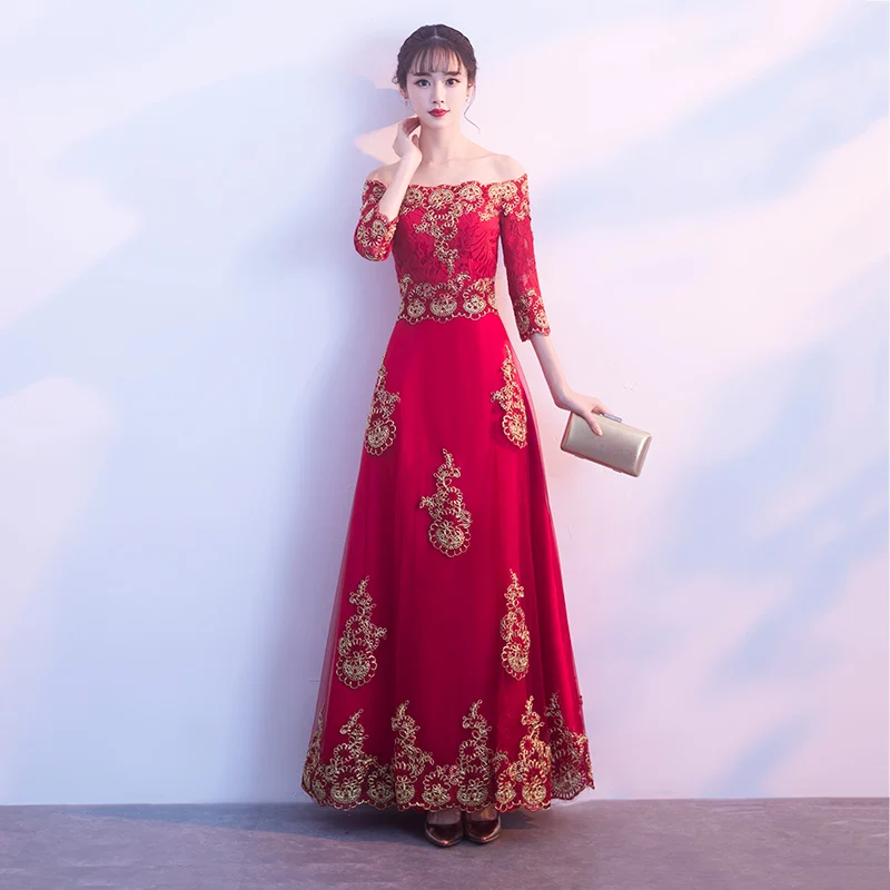 Новое поступление женское красное кружево Qipao классическое свадебное платье подружки невесты винтажные улучшенные атласные длинные платья тост одежда