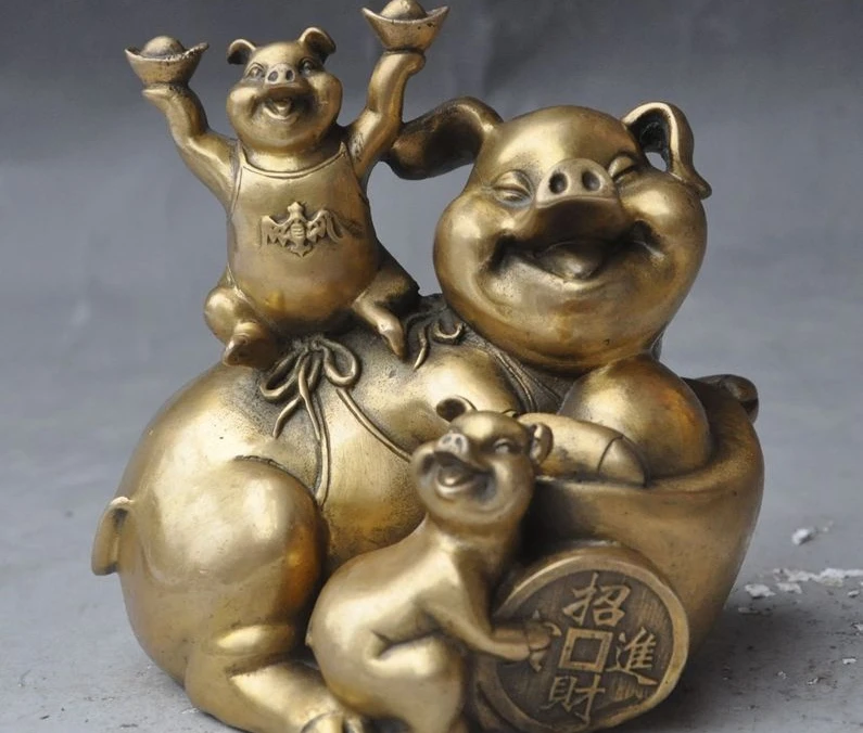 Китайский латунный феншуй Зодиак животное 3 свинья летучая мышь денежный юанбао
