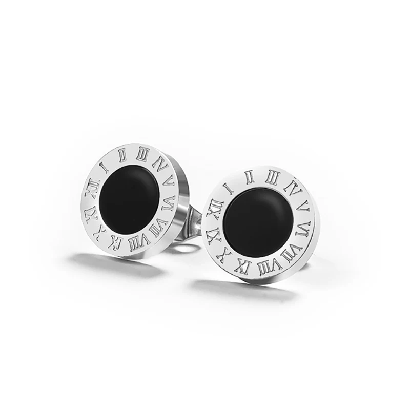 Silver Black Корейские простые массивные серьги из нержавеющей стали, серьги-гвоздики для женщин, винтажные римские цифры, кристалл, маленькие серьги, ювелирные изделия - Окраска металла: Silver Black