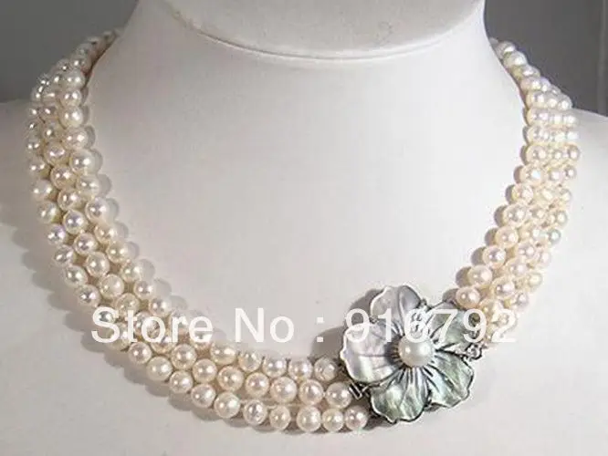 

Wholesale free shipping NEW Noble 7-8mm 3rows real white Cultured Pearl necklace