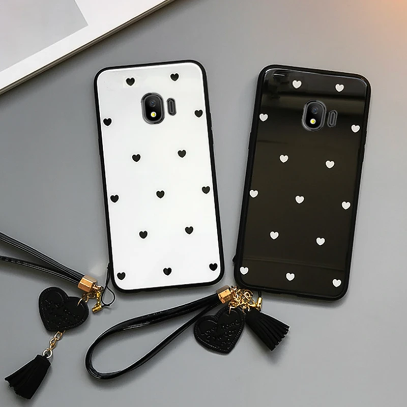 Для samsung Galaxy J4 J6 чехол из закаленного стекла с сердечком для samsung J4 J6 Plus Prime EU кисточка ремешок Funda