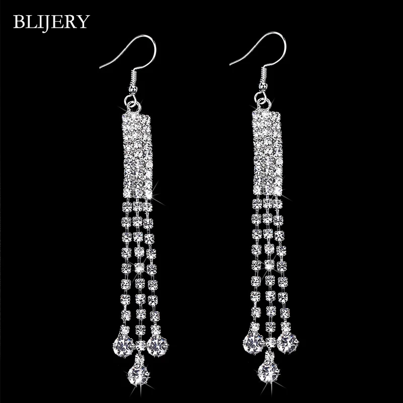 BLIJERY 2019 модные длинные Висячие свадебные серьги с кисточками для женщин стразы
