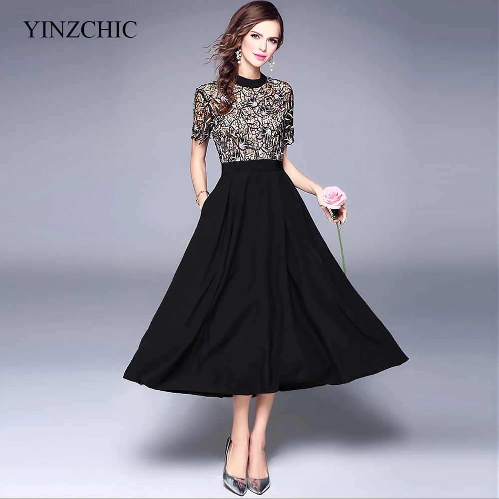 

fashion star style woman summer dress lace patch chiffon a-line party dress short sleeve OLcasual black midi dress