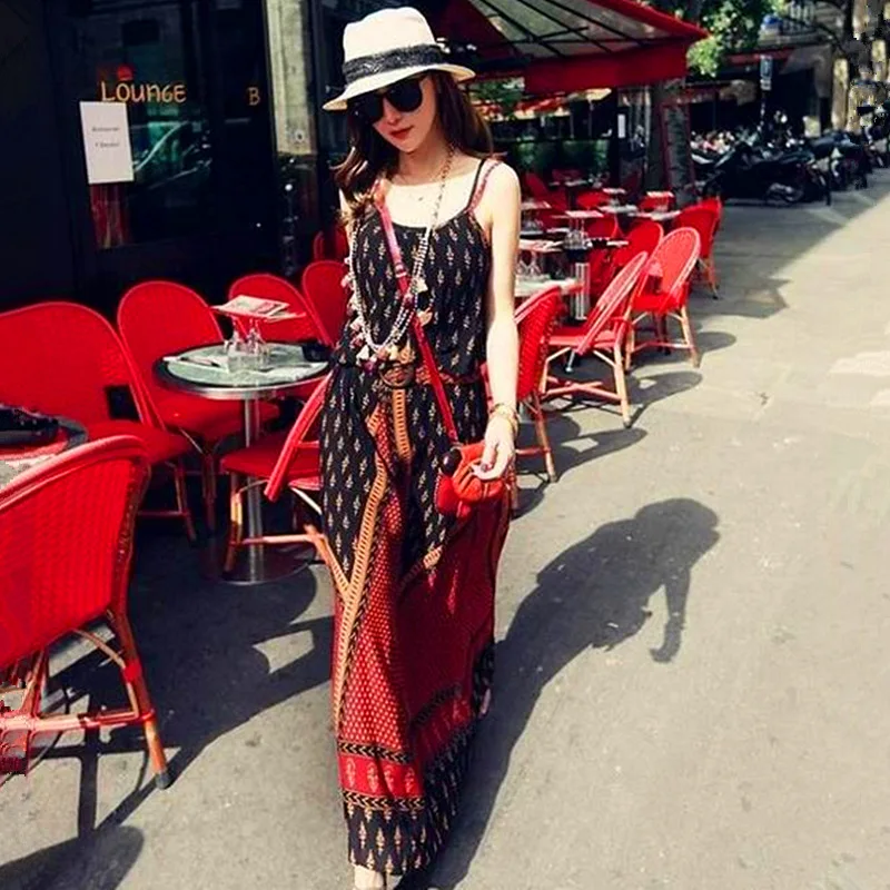 

French Paris Red ethnic style Printed Flower Women's Beach dress