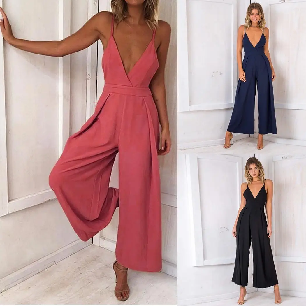 Женский Повседневный однотонный комбинезон на бретельках без рукавов с высокой