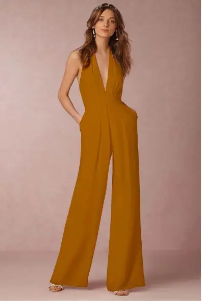 2019 New Casual Wedding Jumpsuit Sexy Sleeveless Halter Elegant Jumpsuit Ladies Coverall Deep V Sexy Halter Jumpsuit