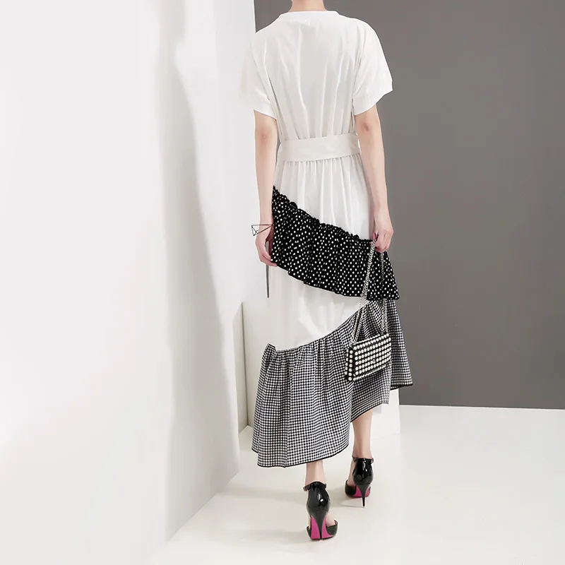 [EAM] New Spring Summer Round Neck Short Sleeve Hem Dot Irregular Plaid Printed Loose Dress Women Fashion Tide JT0880