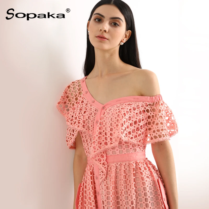 Женское кружевное платье-миди с оборками и одним плечом Повседневное платье