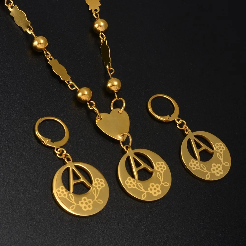 Anniyo 2CM Letters Pendant Necklaces W/Flower Initial for Women Girl A-Z Gold Color English Alphabet Hawaii Jewellery #039121S | Украшения