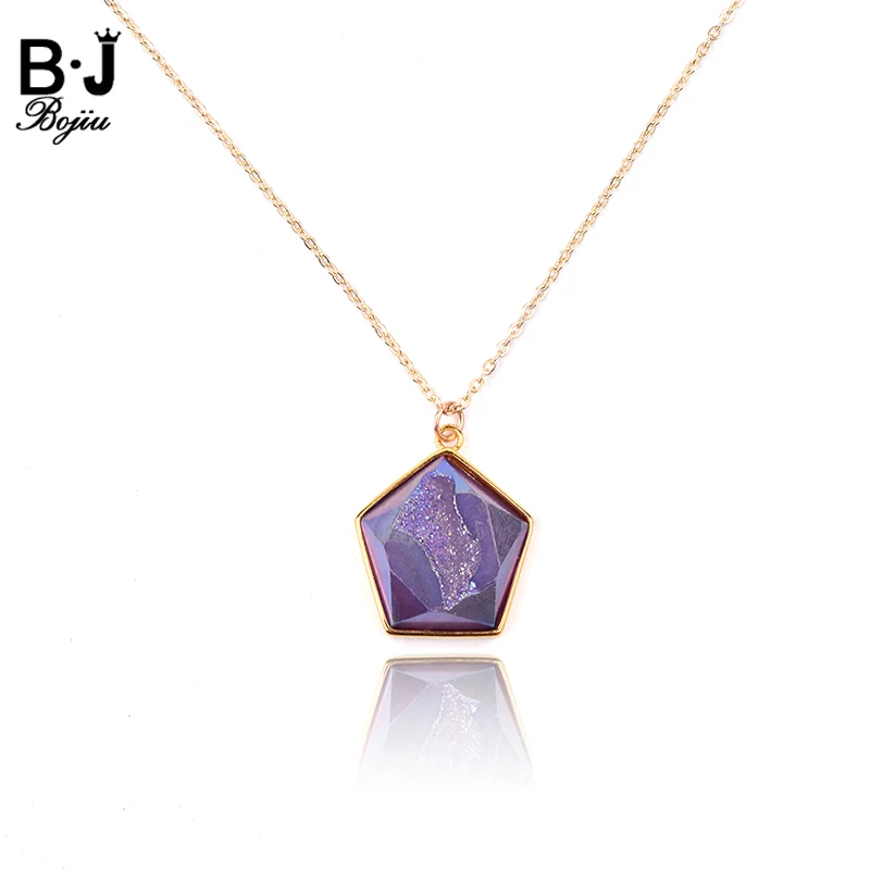 

BOJIU Gold Color Druzy Stone Ladies Choker Necklaces For Women Boho Purple Green Blue Pink Drusy Crystal Chain Necklace NKS210