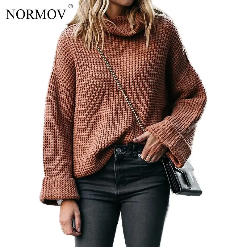 NORMOV Loose High Collar Sweater Women Long Sleeve Pullover Turtleneck Solid Color Casual New Style Winter 2019 | Женская одежда