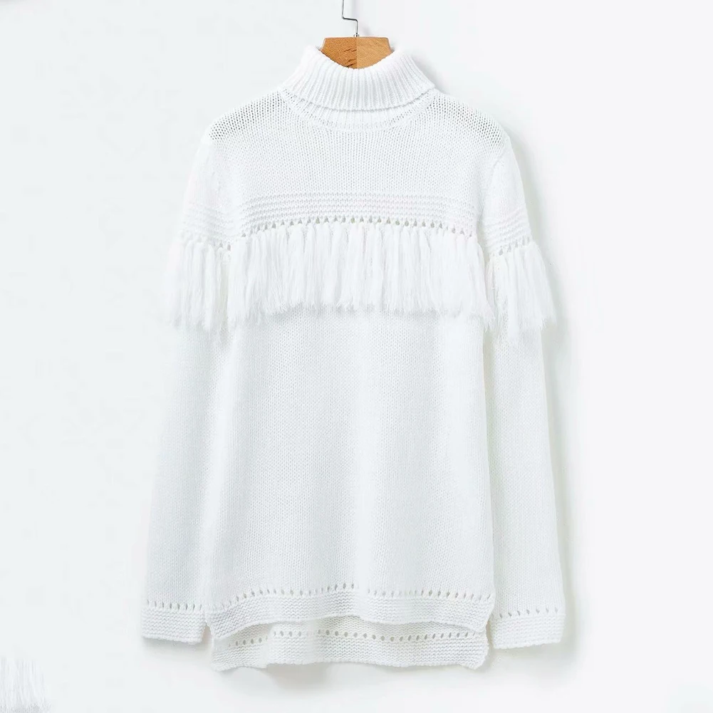 Sweaters Female Autumn Winter Turtleneck Pullover Jumper White Tassel Split Hole Clothing For Ladies Women Sweater | Женская одежда