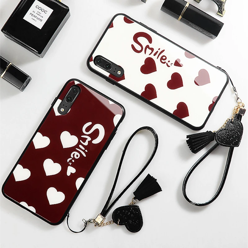 

Case & Strap For Samsung Galaxy A90 A80 A70 A60 A50 Case Glass Hard Cover For Samsung M40 A70 A50 Smile Love Heart lanyard funda