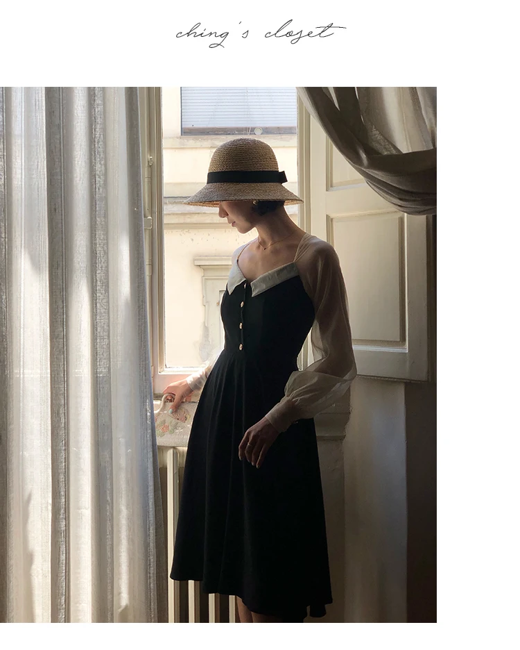 Vestido, весна-осень, женское винтажное платье в стиле Хепберн, элегантное, тонкое, v-образный вырез, длинный рукав, сетка, пэчворк, черное, длина до колена, платье sukienk