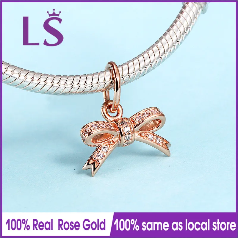LS высокое качество розовое золото сверкающий лук кулон очаровательные бусины