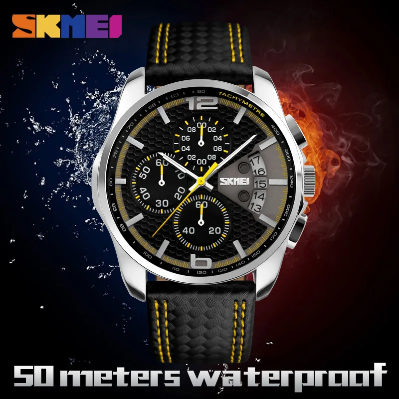 

SKMEI Outdoor Sports Quartz Watch Men Top Luxury Brand Chronograph Clock Leather Waterproof Wristwatches Relogio Masculino 9106