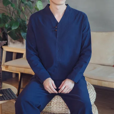 654 Navy T-Shirt Осенняя мужская футболка штаны для бега хлопковые льняные Костюмы кунг-фу комплекты из 2 предметов Мужская футболка с длинными рукавами+ повседневные брюки 5XL - Цвет: 654 Navy T-Shirt