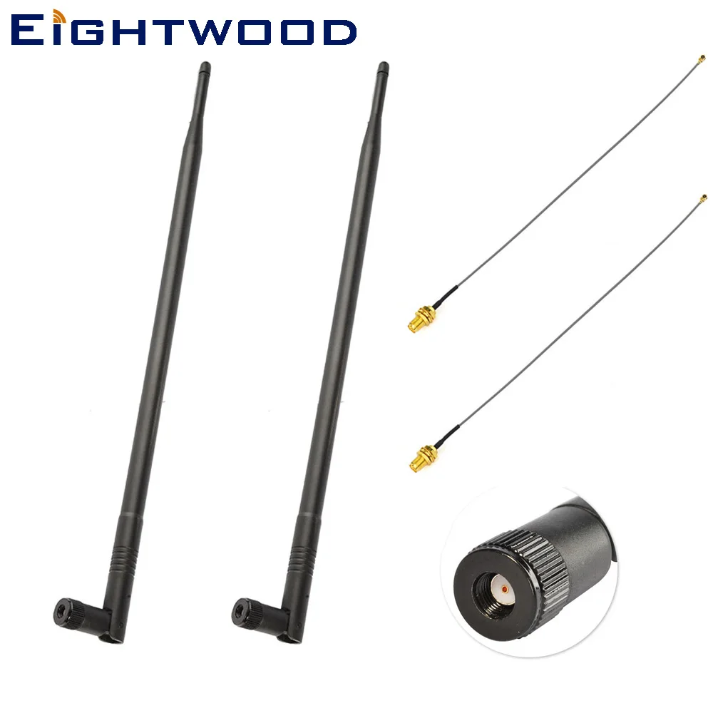 Eightwood 2,4 ГГц 5 ГГц Двухдиапазонная 12dBi всенаправленная антенна 802.11n/b/g RP-SMA разъем+ 35 см U. FL Mini(2 шт