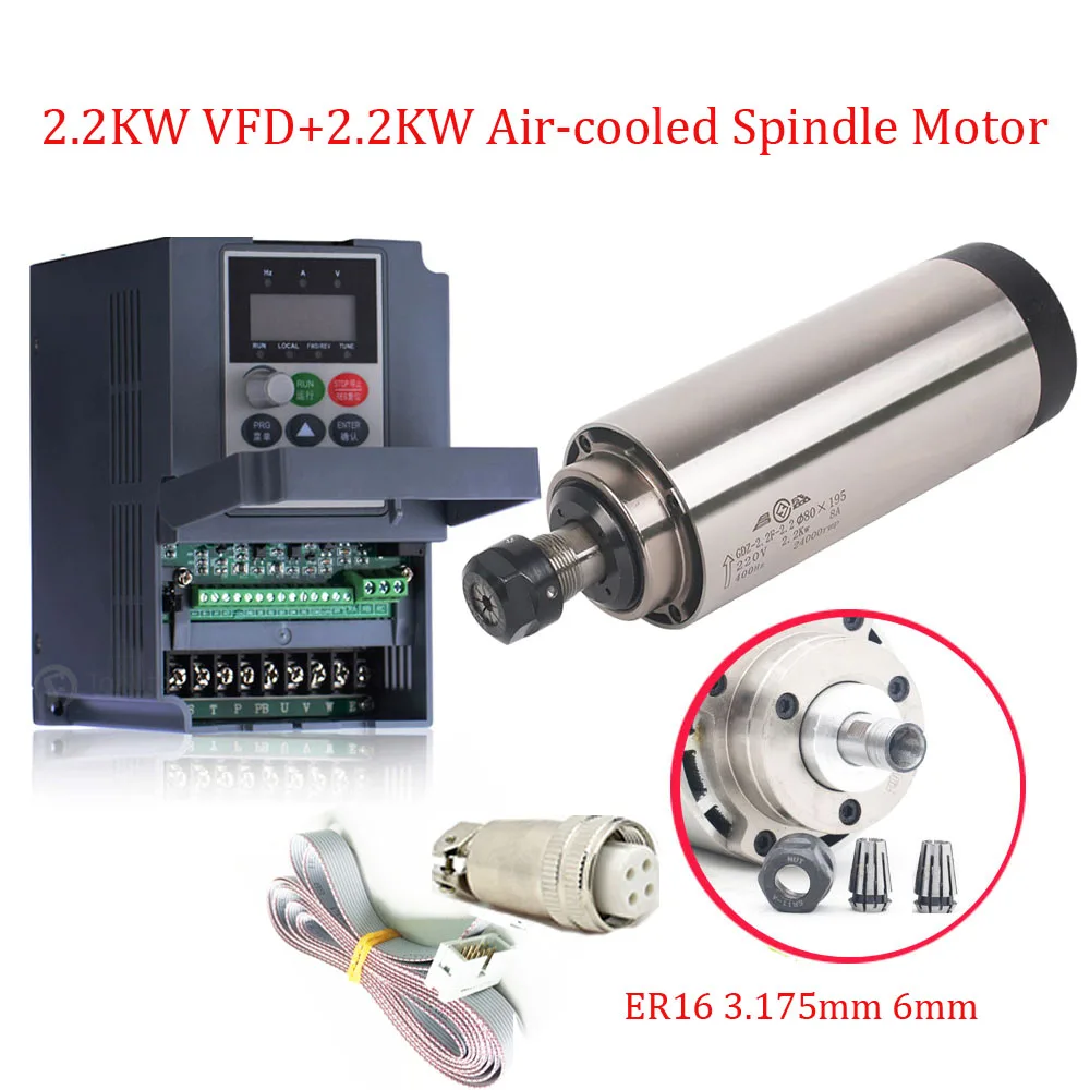 2.2KW 220V 8A 80*195mm 0.91NM 400HZ 24000rpm ER16 высокоскоростной мотор шпинделя + VFD наборы для