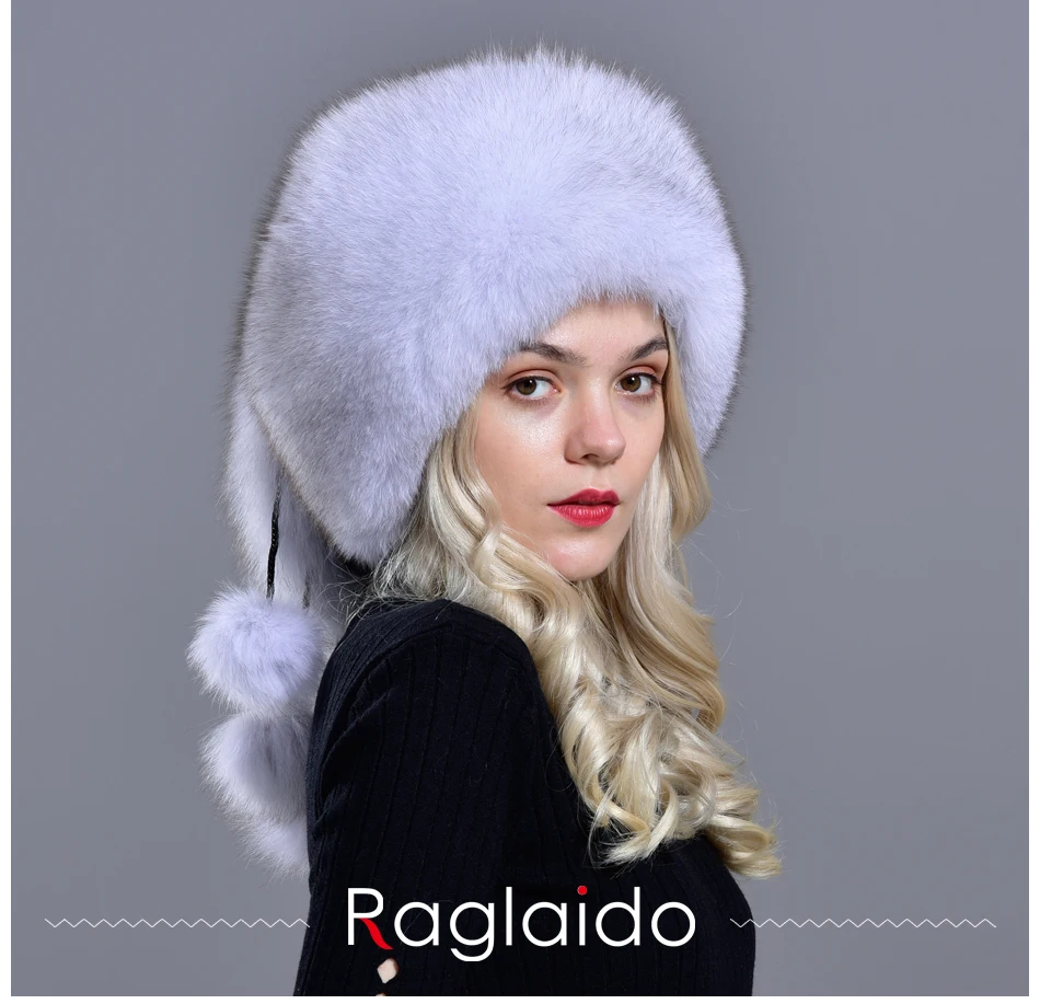 Raglaido, зимняя женская шапка из натурального меха, Лисий мех, 5 шариков, шапки из пушистого меха, элегантные, модные, стильные, скромные, теплые, объемные шапки с черепом