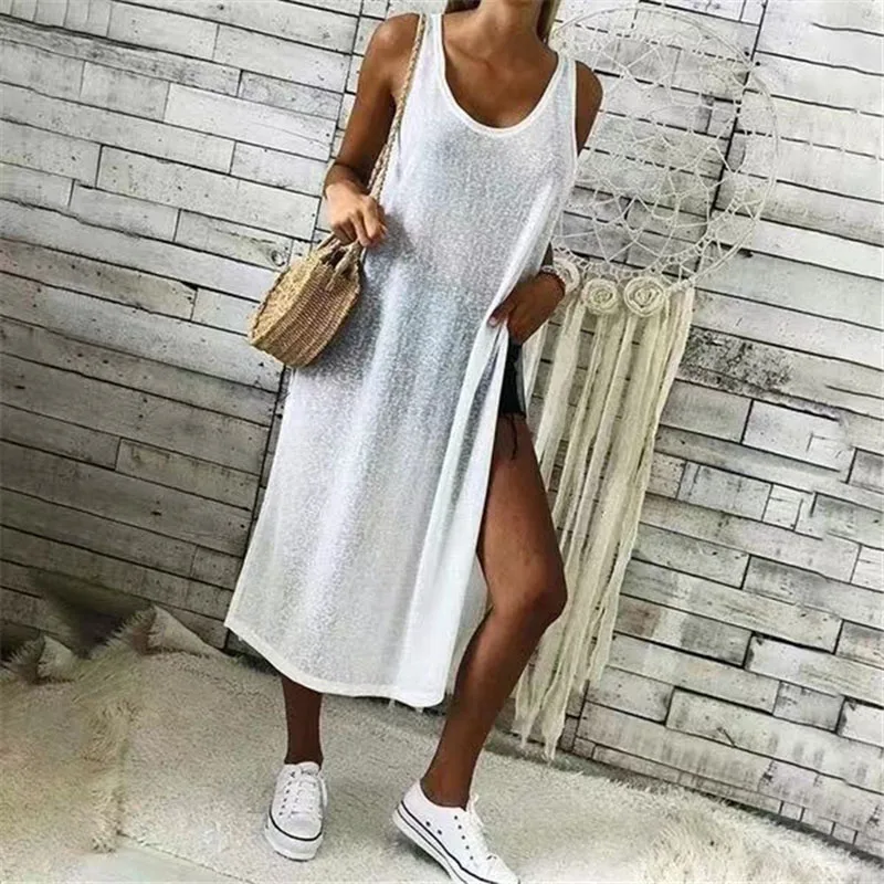 Solid Color Deep V Split Vest Dress Evening Party Summer Beach Casual Long Sundress QL Sale | Женская одежда