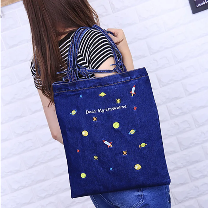 

YILE Cotton Denim Canvas Shopping Tote Shoulder Bag Embroidered Universe 1749-3