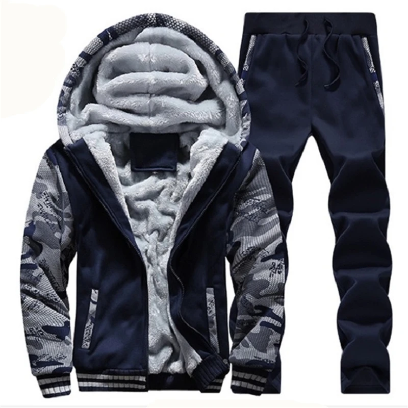 dark blue Зимние флисовые толстовки с капюшоном с узором в стиле пэчворк, мужской комплект из 2 предметов, теплая плотная куртка+ штаны, спортивный костюм, верхняя одежда, мужской спортивный костюм D2891 - Цвет: dark blue