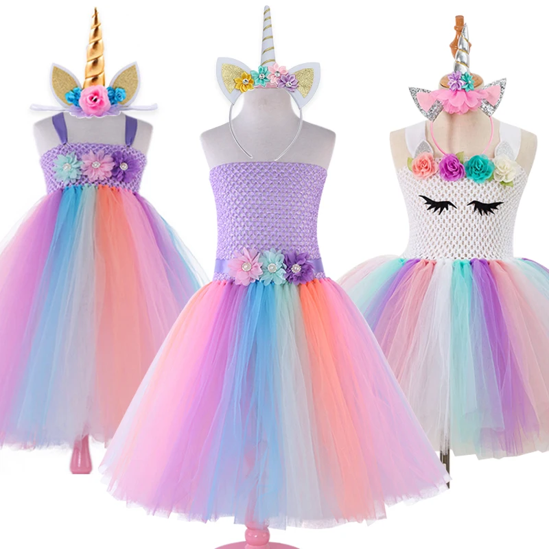 

Flower Girls Unicorn Tutu Dress Rainbow Princess Girls Birthday Party Dress Children Kids Halloween Costume With Headgear 1-12Y