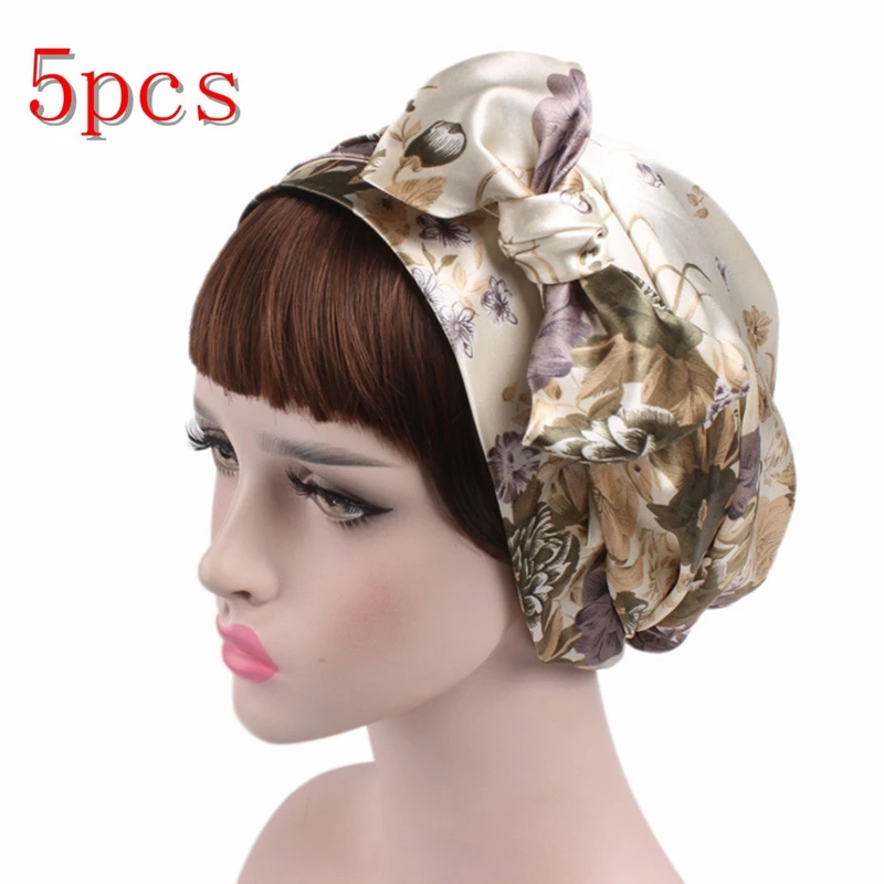 5pcs beige flower 1/2/5/10 шт Мягкий шелк душ Кепки Для женщин ночного сна душ Кепки Регулируемый ухода за длинными волосами капота тюрбан шапка аксессуары - Цвет: 5pcs beige flower