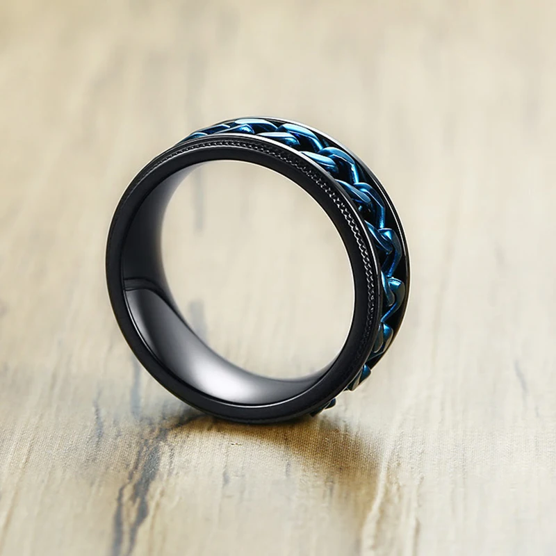 Men 8mm Width Black Ring Punk Stainless Steel Blue Rotable Chain Titanium Spinner Sport | Украшения и аксессуары