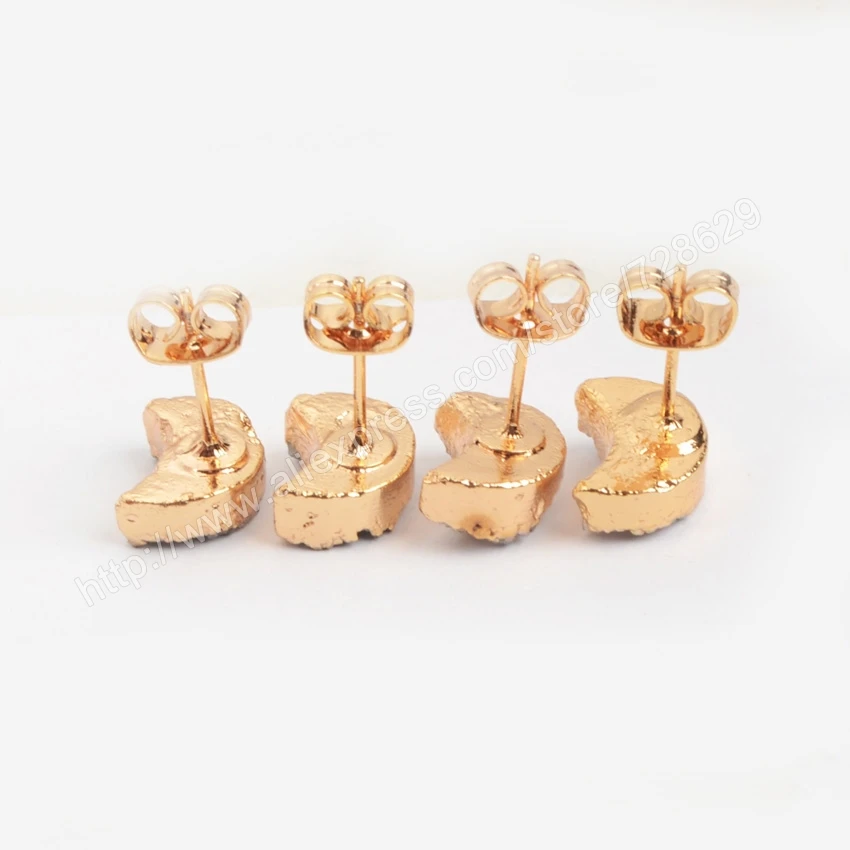 5pcs Gold Color Moon Natural Crystal Titanium Mix Druzy Stud Earrings High Quality Drusy Jewelry Free Shipping G0913 | Украшения и