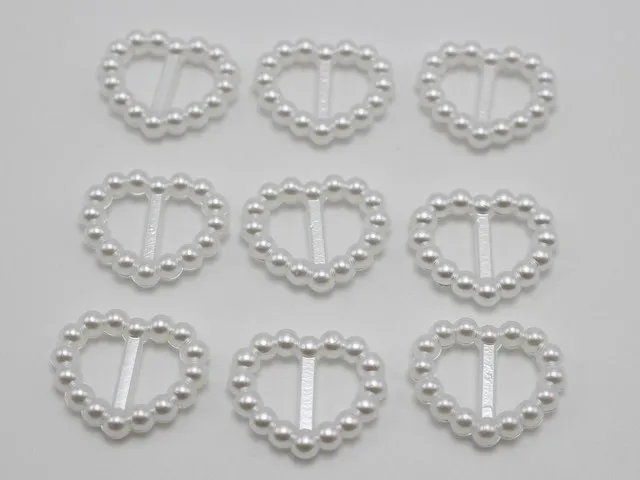 

200 Pure White Pearl Heart Buckle Invitation Ribbon Slider 17X14mm For Wedding