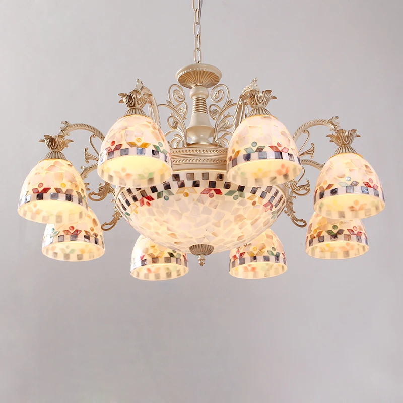 

European Mediterranean Lights Chandelier 8 Arms with Shell Glass Shade 2 pcs. living dinning room bedroom lamp home deco