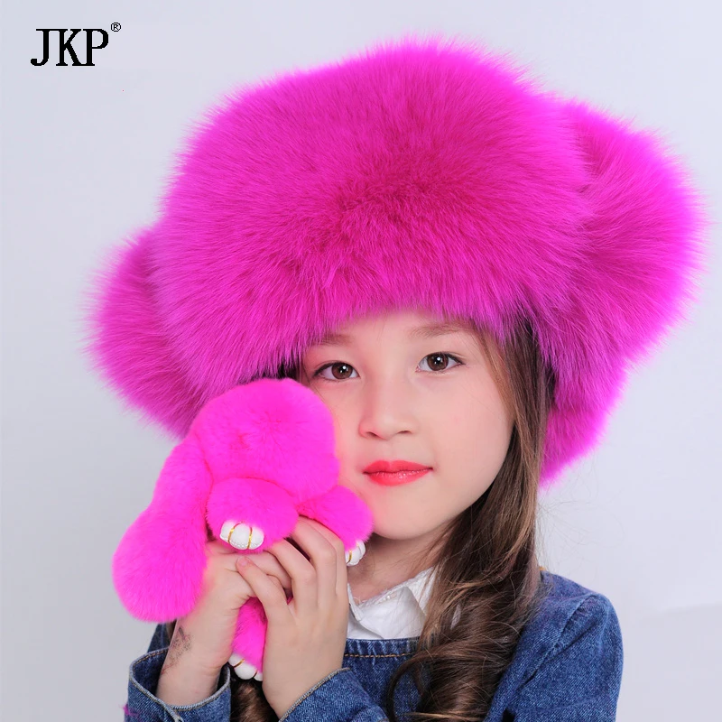 

2018 New Russia fur hat Winter Boy Girl Real Fox Fur Hat Parent-child Children Earmuff warm kids Fur Hat Ear fox fur Hat cap