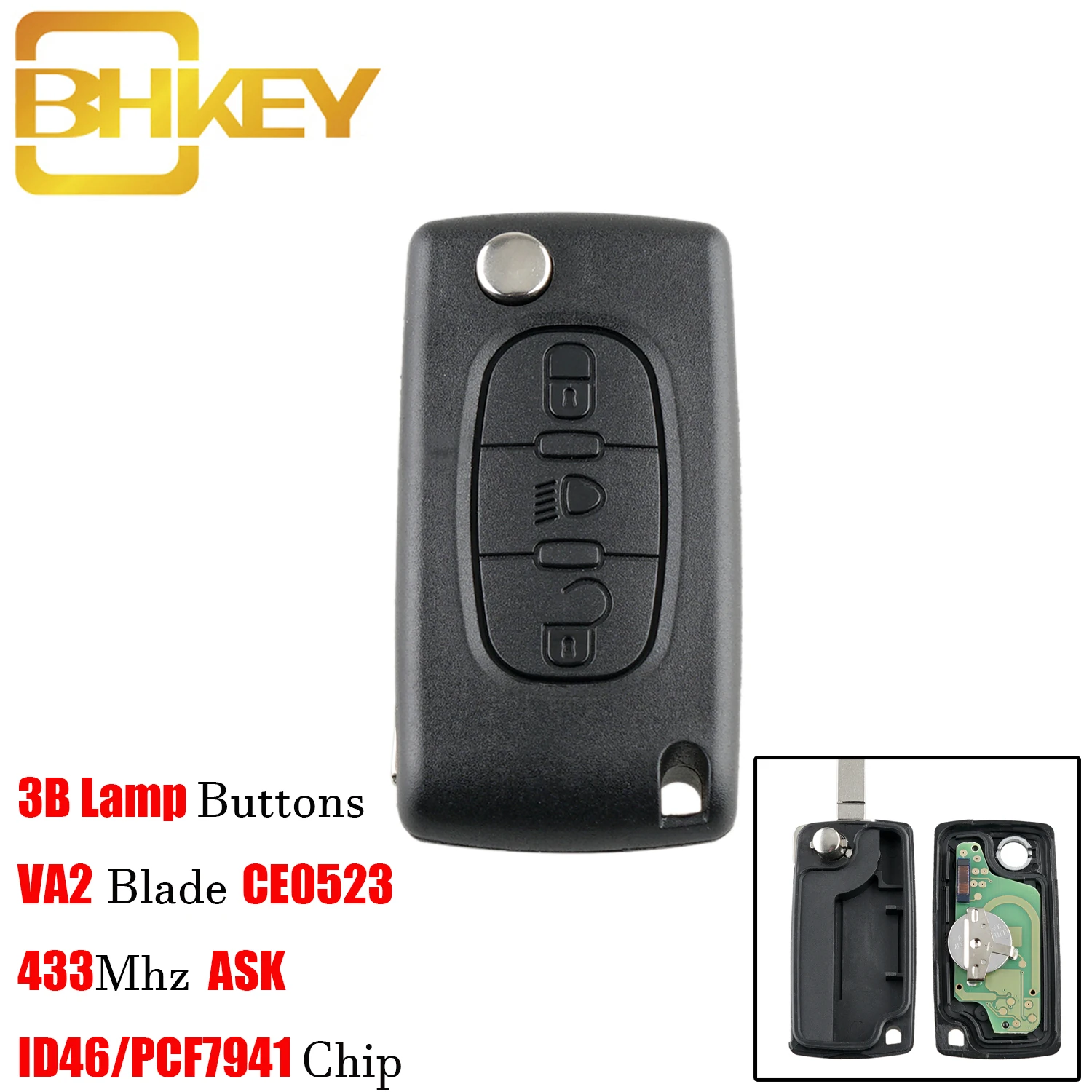

BHKEY 3Buttons Lamp Remote Car key CE0536 433Mhz For Citroen C4 C5 C6 C8 VA2 Blade Car Key Fob