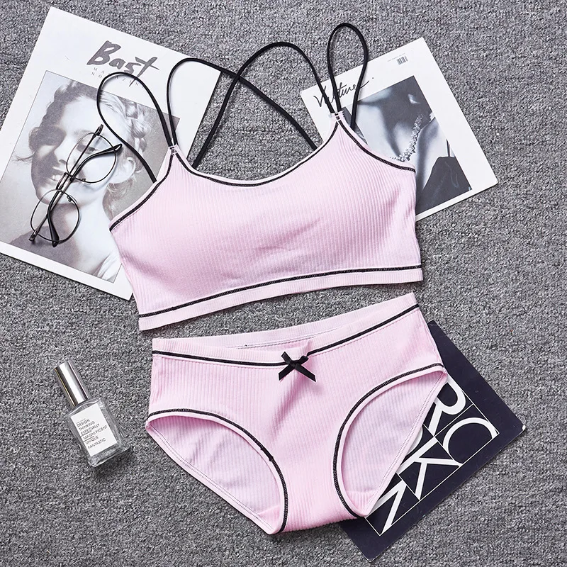 Pink Японское нижнее белье, набор, хлопок, тонкая резьба, комплект нижнего белья пуш-ап, красота, сзади, женский бюстгальтер, трусики, комплект, комфортное нижнее белье - Цвет: Pink